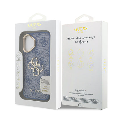 iPhone 16 Kılıf Guess Orjinal Lisanslı PU Deri 4G Desenli Metal Büyük 4G ve Yazı Logolu Kamera Standlı Kapak