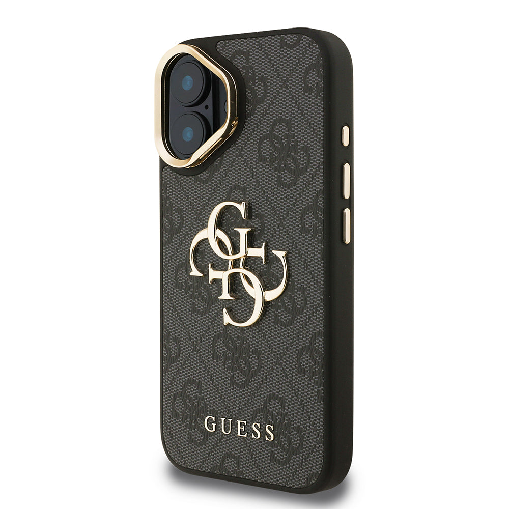 iPhone 16 Kılıf Guess Orjinal Lisanslı PU Deri 4G Desenli Metal Büyük 4G ve Yazı Logolu Kamera Standlı Kapak