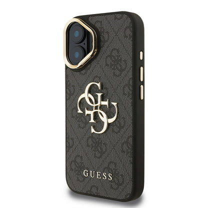 iPhone 16 Kılıf Guess Orjinal Lisanslı PU Deri 4G Desenli Metal Büyük 4G ve Yazı Logolu Kamera Standlı Kapak