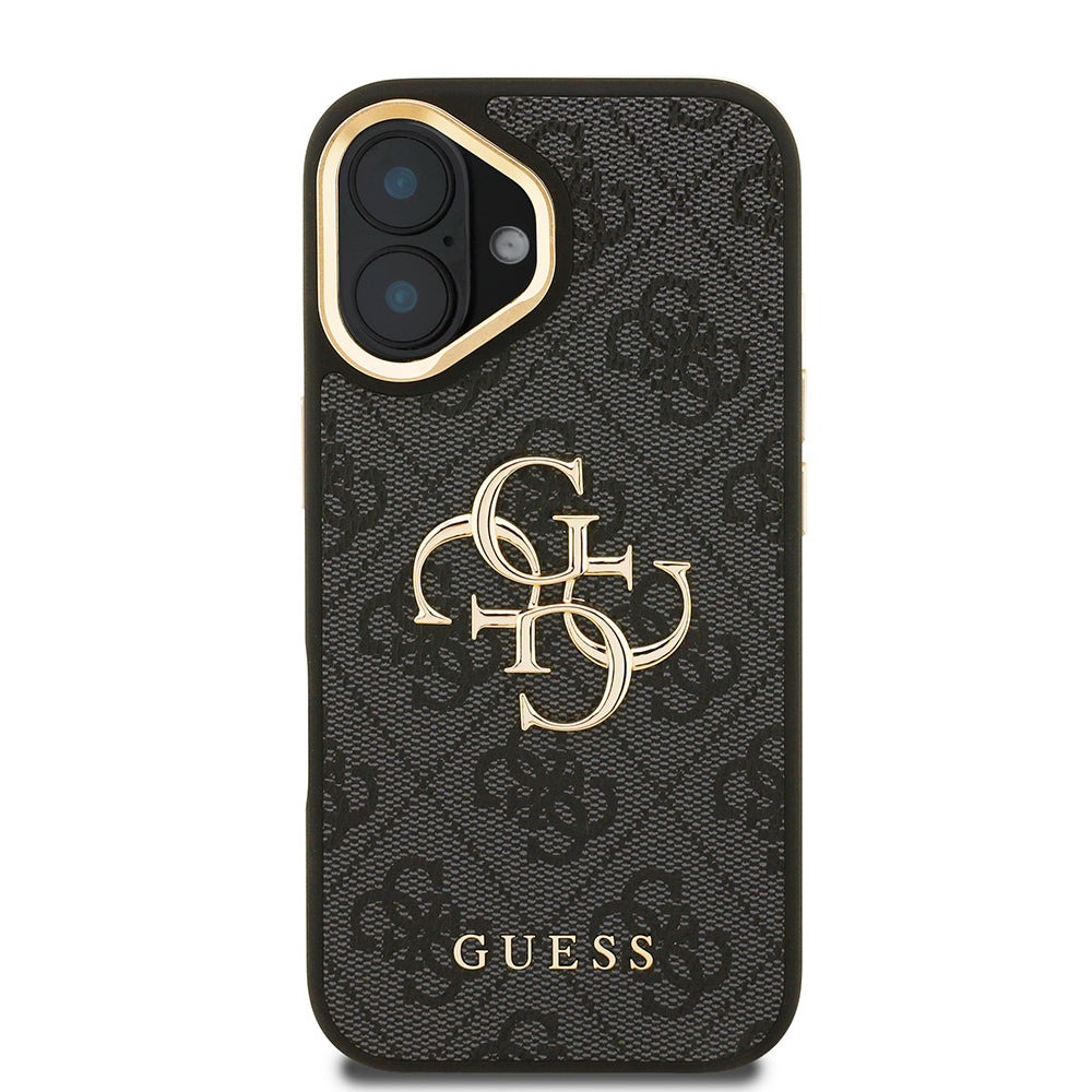 iPhone 16 Kılıf Guess Orjinal Lisanslı PU Deri 4G Desenli Metal Büyük 4G ve Yazı Logolu Kamera Standlı Kapak