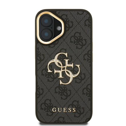 iPhone 16 Kılıf Guess Orjinal Lisanslı PU Deri 4G Desenli Metal Büyük 4G ve Yazı Logolu Kamera Standlı Kapak