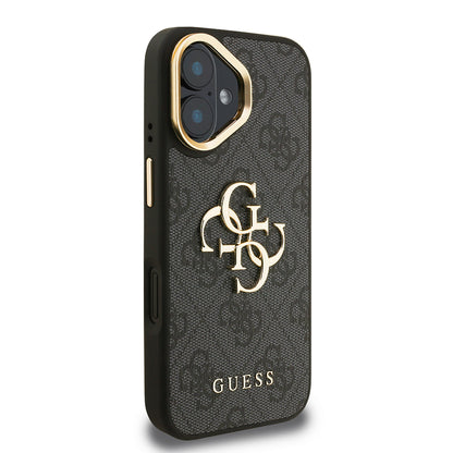 iPhone 16 Kılıf Guess Orjinal Lisanslı PU Deri 4G Desenli Metal Büyük 4G ve Yazı Logolu Kamera Standlı Kapak