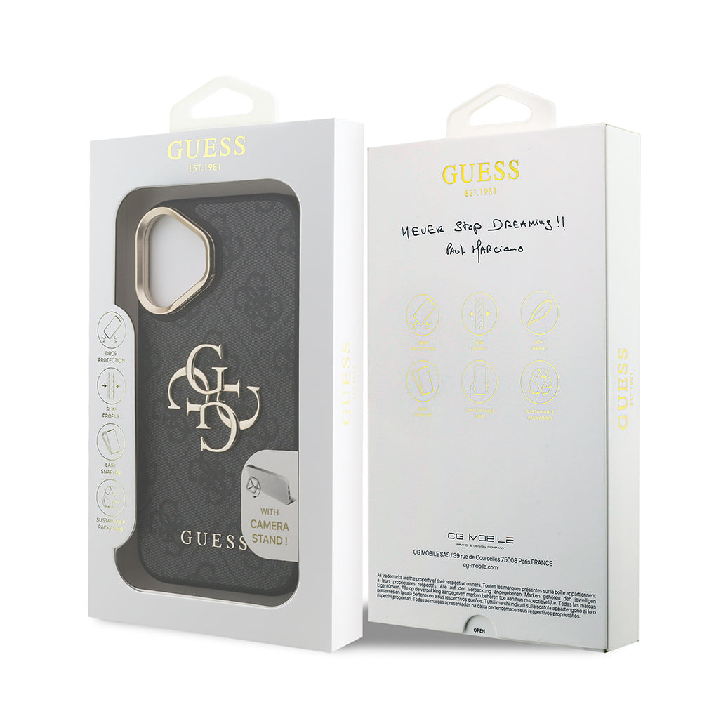 iPhone 16 Kılıf Guess Orjinal Lisanslı PU Deri 4G Desenli Metal Büyük 4G ve Yazı Logolu Kamera Standlı Kapak