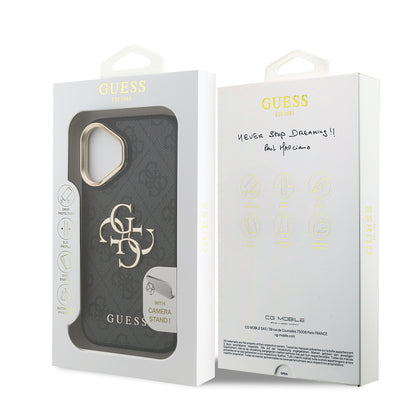 iPhone 16 Kılıf Guess Orjinal Lisanslı PU Deri 4G Desenli Metal Büyük 4G ve Yazı Logolu Kamera Standlı Kapak