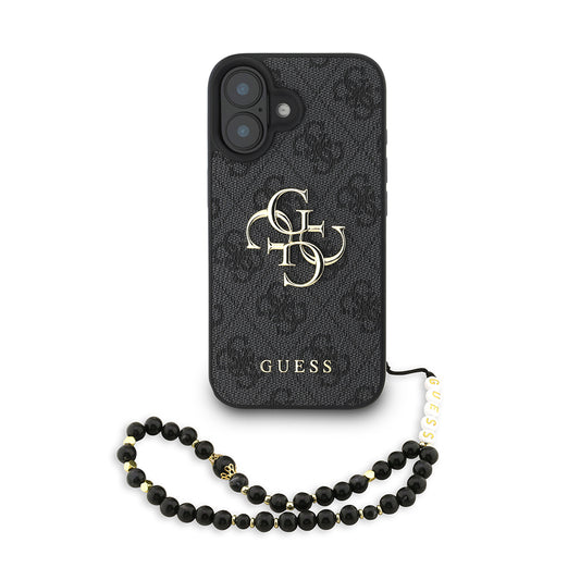 iPhone 16 Kılıf Guess Orjinal Lisanslı PU Deri Bilek Askı İpli Metal Büyük 4G ve Yazı Logolu Kapak