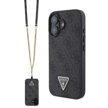 iPhone 16 Kılıf Guess Orjinal Lisanslı PU Deri Taşlı Metal Üçgen Logolu Çapraz Vücut Askılı 4G Desenli Kapak