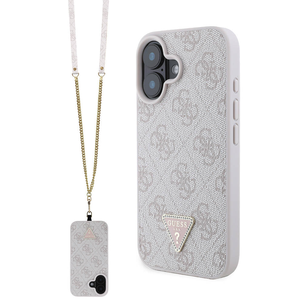 iPhone 16 Kılıf Guess Orjinal Lisanslı PU Deri Taşlı Metal Üçgen Logolu Çapraz Vücut Askılı 4G Desenli Kapak