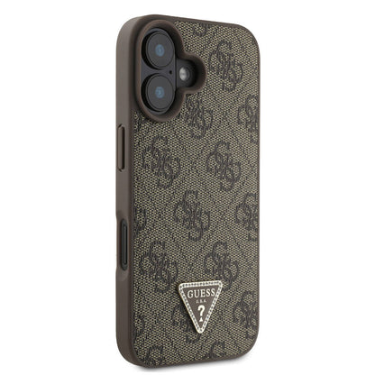 iPhone 16 Kılıf Guess Orjinal Lisanslı PU Deri Taşlı Metal Üçgen Logolu Çapraz Vücut Askılı 4G Desenli Kapak