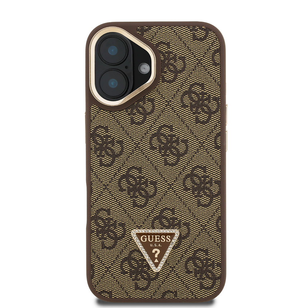 iPhone 16 Kılıf Guess Orjinal Lisanslı PU Deri Taşlı Üçgen Logo 4G Desenli Kamera Standlı Kapak