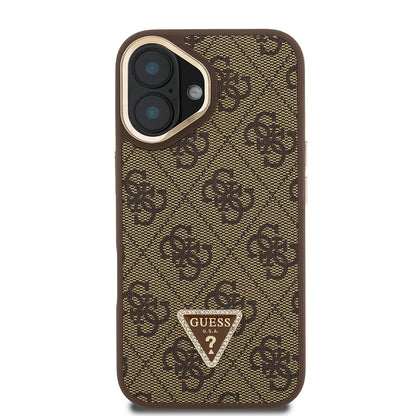 iPhone 16 Kılıf Guess Orjinal Lisanslı PU Deri Taşlı Üçgen Logo 4G Desenli Kamera Standlı Kapak