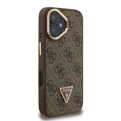iPhone 16 Kılıf Guess Orjinal Lisanslı PU Deri Taşlı Üçgen Logo 4G Desenli Kamera Standlı Kapak
