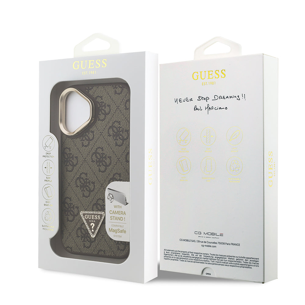 iPhone 16 Kılıf Guess Orjinal Lisanslı PU Deri Taşlı Üçgen Logo 4G Desenli Kamera Standlı Kapak