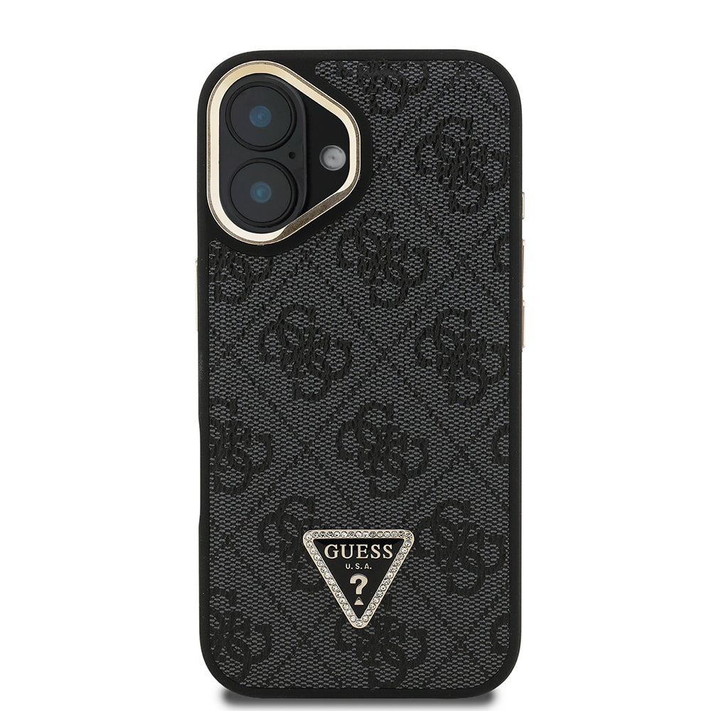 iPhone 16 Kılıf Guess Orjinal Lisanslı PU Deri Taşlı Üçgen Logo 4G Desenli Kamera Standlı Kapak