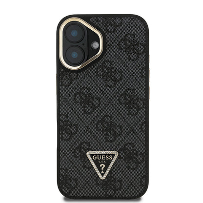 iPhone 16 Kılıf Guess Orjinal Lisanslı PU Deri Taşlı Üçgen Logo 4G Desenli Kamera Standlı Kapak