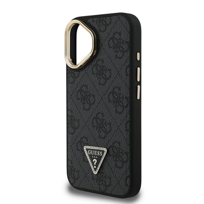 iPhone 16 Kılıf Guess Orjinal Lisanslı PU Deri Taşlı Üçgen Logo 4G Desenli Kamera Standlı Kapak