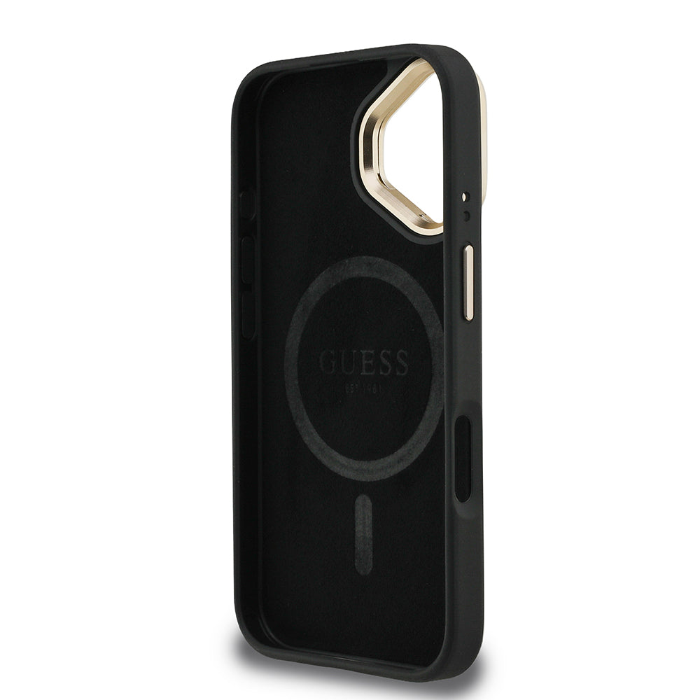 iPhone 16 Kılıf Guess Orjinal Lisanslı PU Deri Taşlı Üçgen Logo 4G Desenli Kamera Standlı Kapak