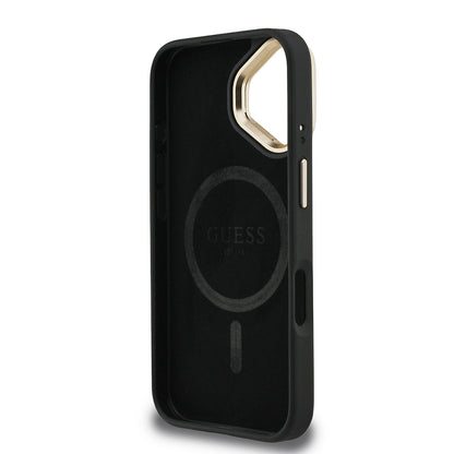 iPhone 16 Kılıf Guess Orjinal Lisanslı PU Deri Taşlı Üçgen Logo 4G Desenli Kamera Standlı Kapak