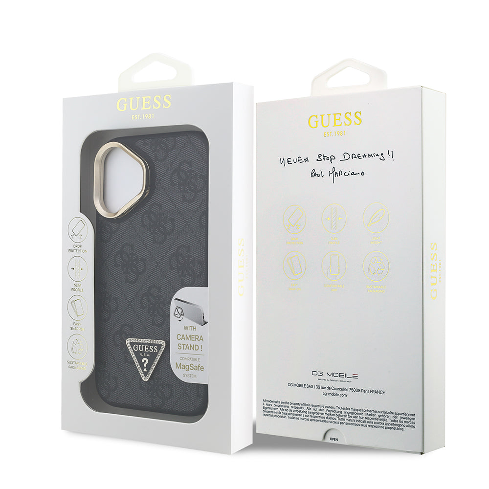 iPhone 16 Kılıf Guess Orjinal Lisanslı PU Deri Taşlı Üçgen Logo 4G Desenli Kamera Standlı Kapak