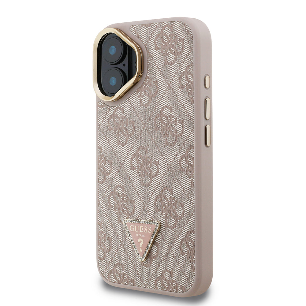 iPhone 16 Kılıf Guess Orjinal Lisanslı PU Deri Taşlı Üçgen Logo 4G Desenli Kamera Standlı Kapak