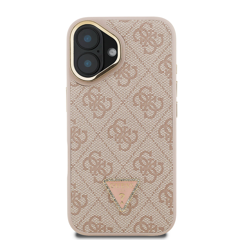 iPhone 16 Kılıf Guess Orjinal Lisanslı PU Deri Taşlı Üçgen Logo 4G Desenli Kamera Standlı Kapak