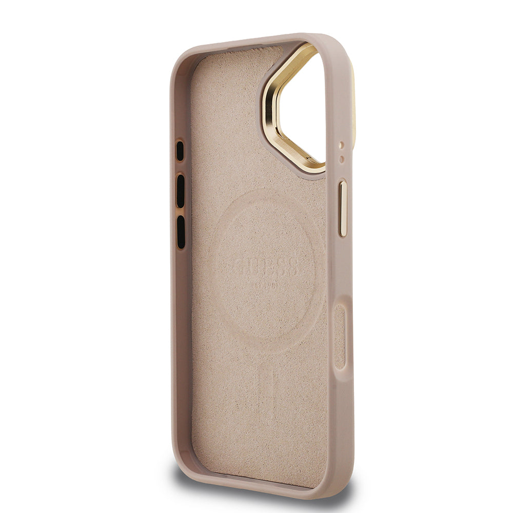 iPhone 16 Kılıf Guess Orjinal Lisanslı PU Deri Taşlı Üçgen Logo 4G Desenli Kamera Standlı Kapak