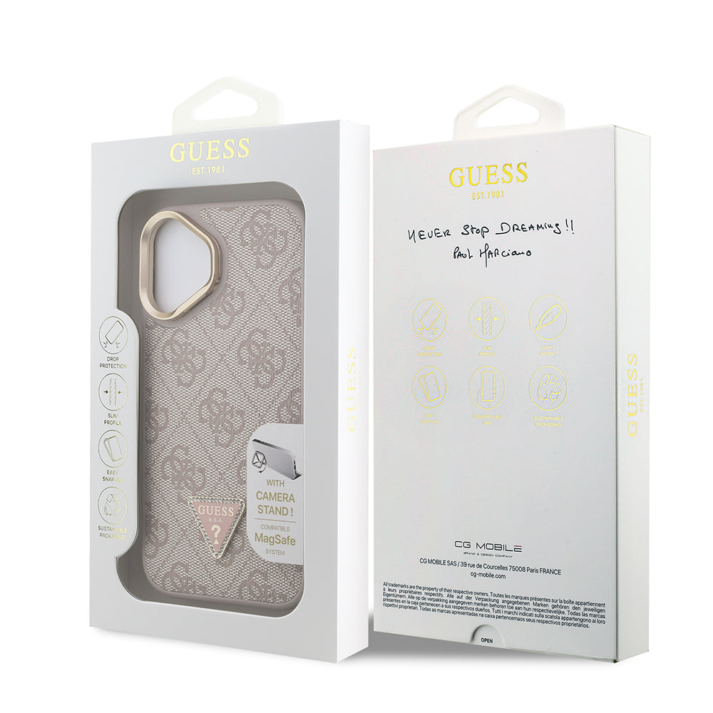 iPhone 16 Kılıf Guess Orjinal Lisanslı PU Deri Taşlı Üçgen Logo 4G Desenli Kamera Standlı Kapak