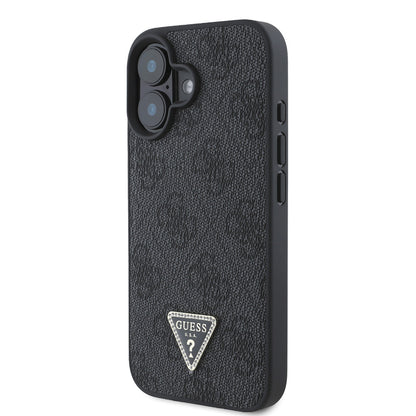 iPhone 16 Kılıf Guess Orjinal Lisanslı PU Deri Taşlı Üçgen Logo 4G Desenli Strass Kapak