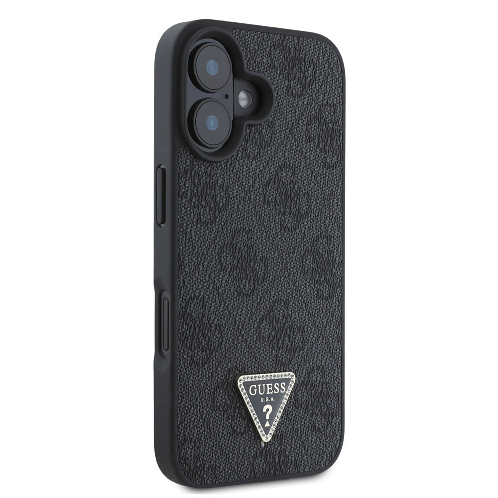 iPhone 16 Kılıf Guess Orjinal Lisanslı PU Deri Taşlı Üçgen Logo 4G Desenli Strass Kapak