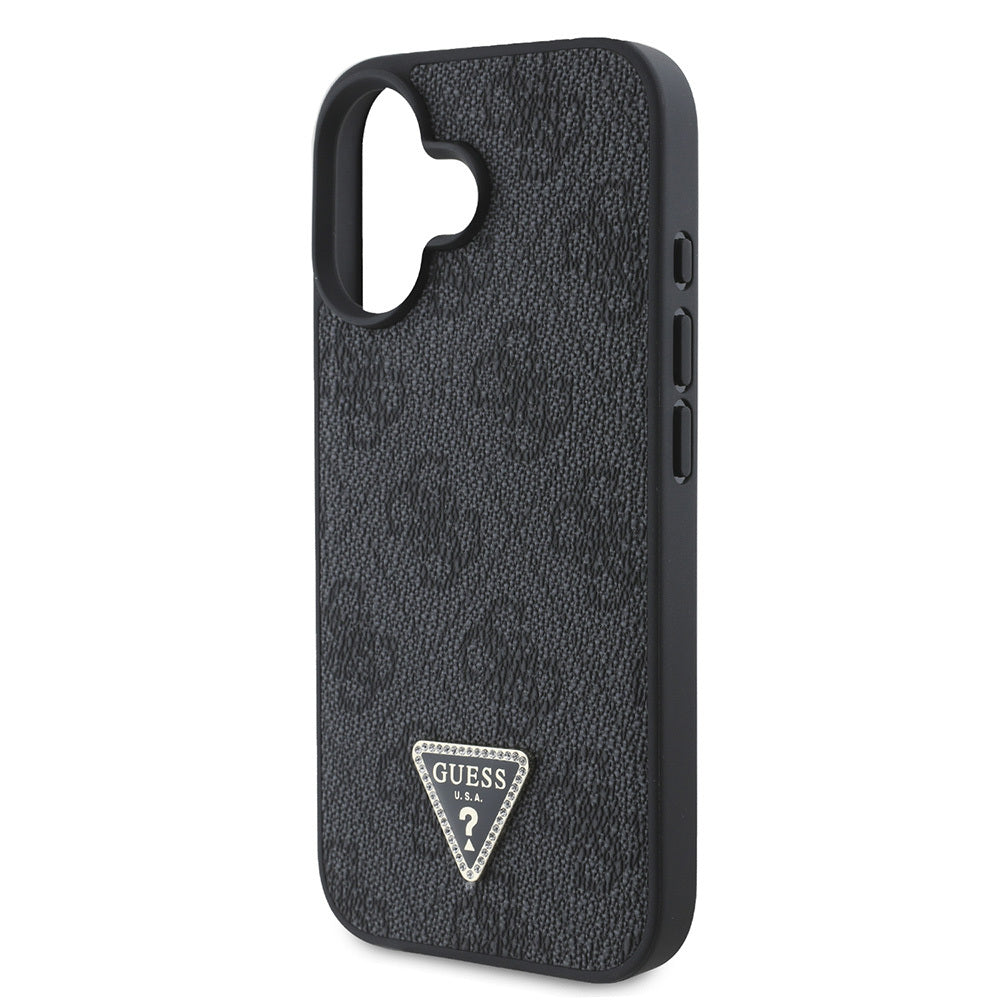 iPhone 16 Kılıf Guess Orjinal Lisanslı PU Deri Taşlı Üçgen Logo 4G Desenli Strass Kapak