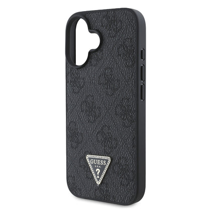 iPhone 16 Kılıf Guess Orjinal Lisanslı PU Deri Taşlı Üçgen Logo 4G Desenli Strass Kapak