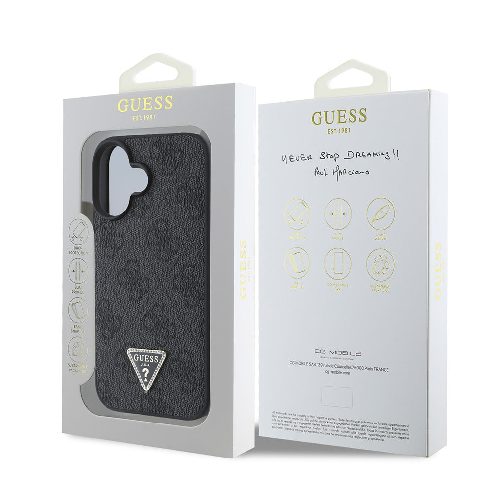 iPhone 16 Kılıf Guess Orjinal Lisanslı PU Deri Taşlı Üçgen Logo 4G Desenli Strass Kapak