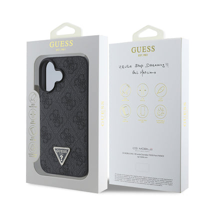 iPhone 16 Kılıf Guess Orjinal Lisanslı PU Deri Taşlı Üçgen Logo 4G Desenli Strass Kapak