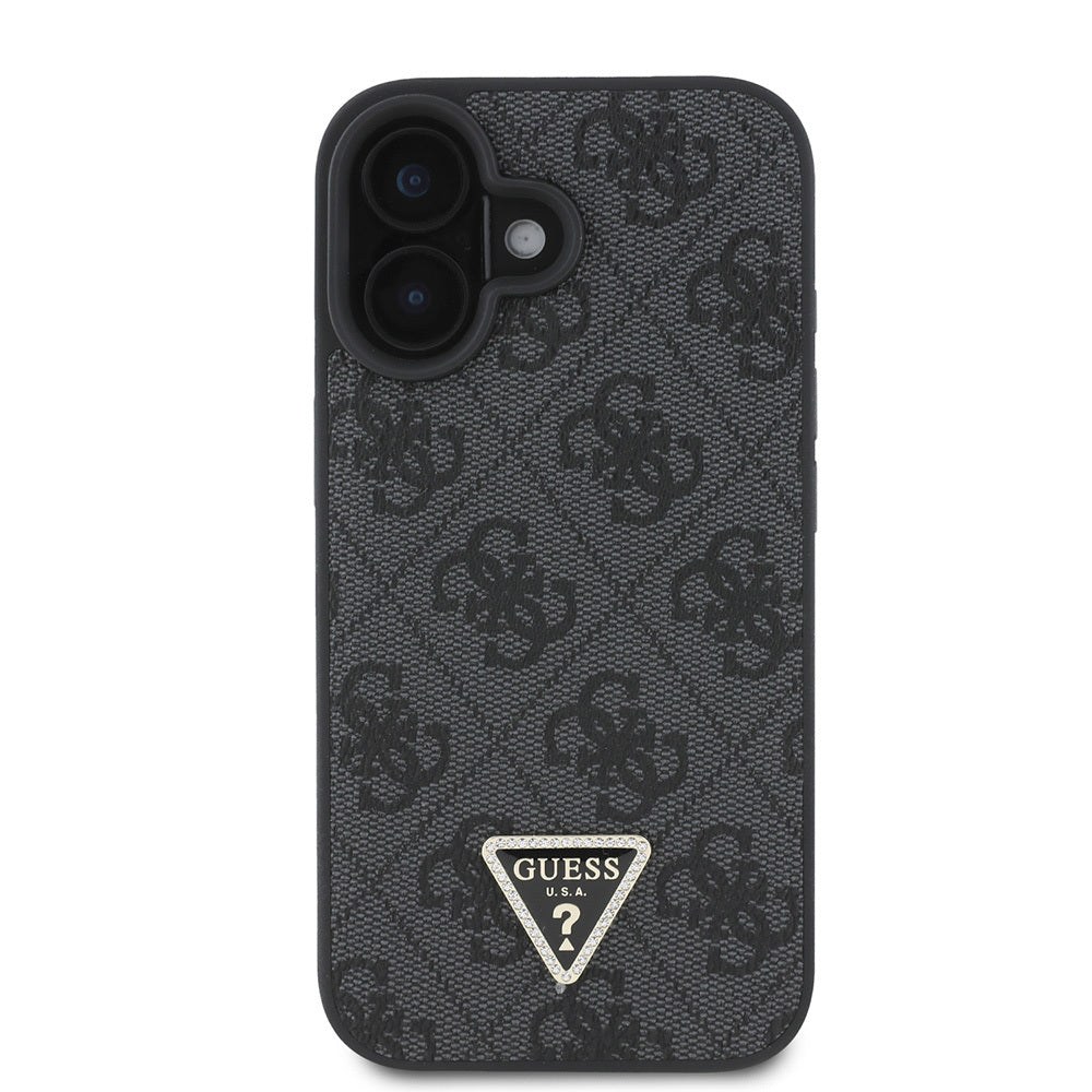 iPhone 16 Kılıf Guess Orjinal Lisanslı PU Deri Taşlı Üçgen Logo 4G Desenli Strass Kapak