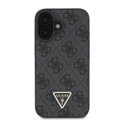 iPhone 16 Kılıf Guess Orjinal Lisanslı PU Deri Taşlı Üçgen Logo 4G Desenli Strass Kapak