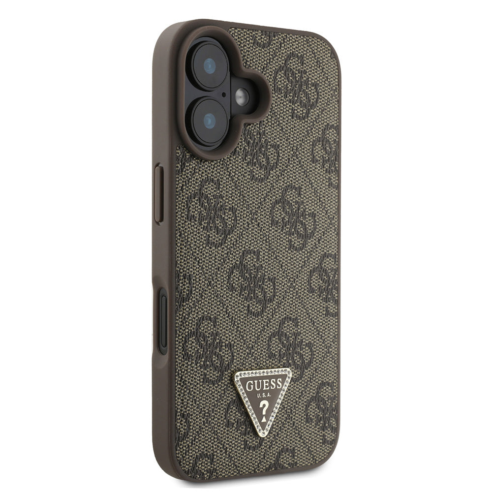 iPhone 16 Kılıf Guess Orjinal Lisanslı PU Deri Taşlı Üçgen Logo 4G Desenli Strass Kapak