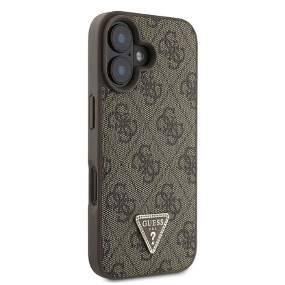 iPhone 16 Kılıf Guess Orjinal Lisanslı PU Deri Taşlı Üçgen Logo 4G Desenli Strass Kapak