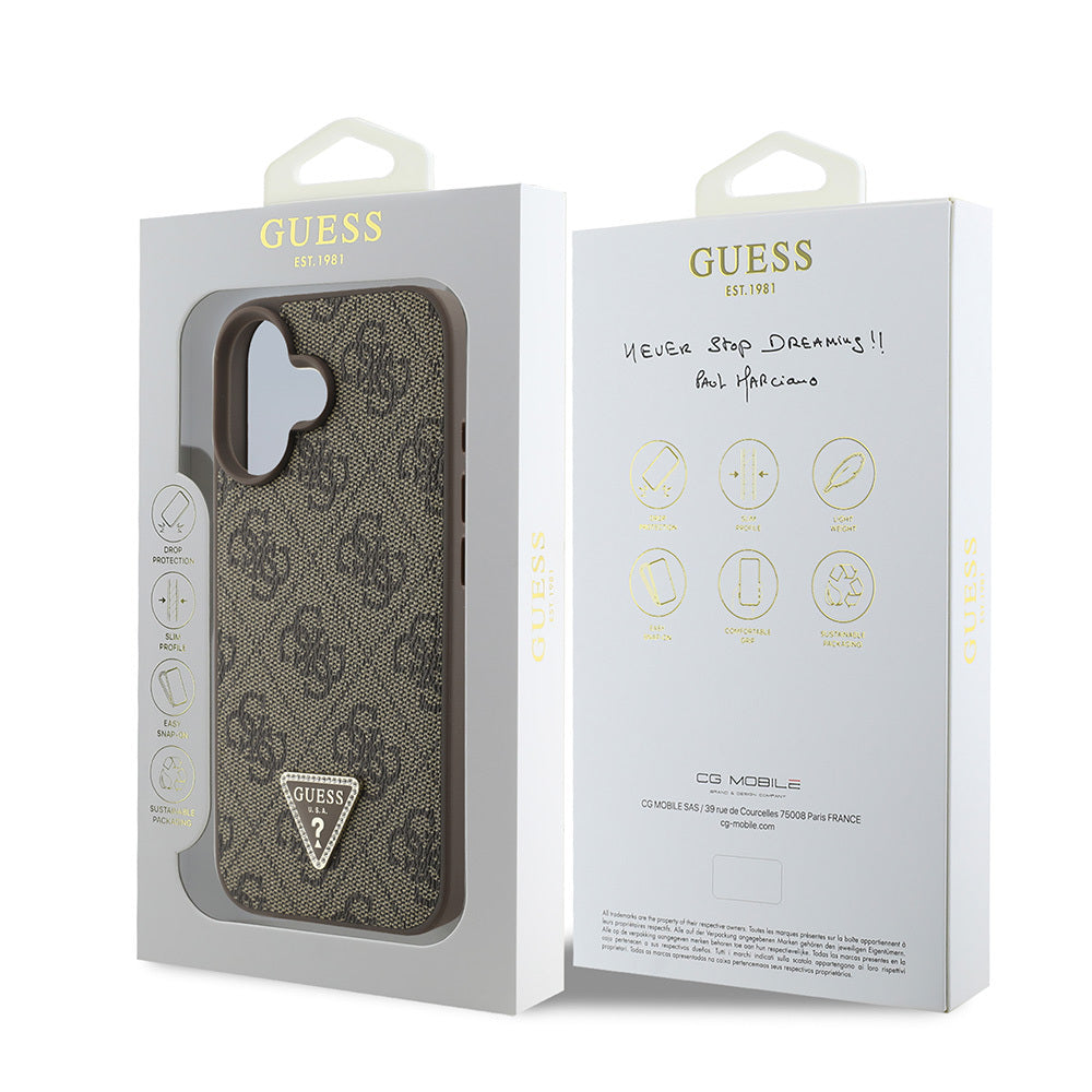 iPhone 16 Kılıf Guess Orjinal Lisanslı PU Deri Taşlı Üçgen Logo 4G Desenli Strass Kapak