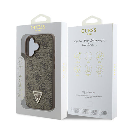 iPhone 16 Kılıf Guess Orjinal Lisanslı PU Deri Taşlı Üçgen Logo 4G Desenli Strass Kapak