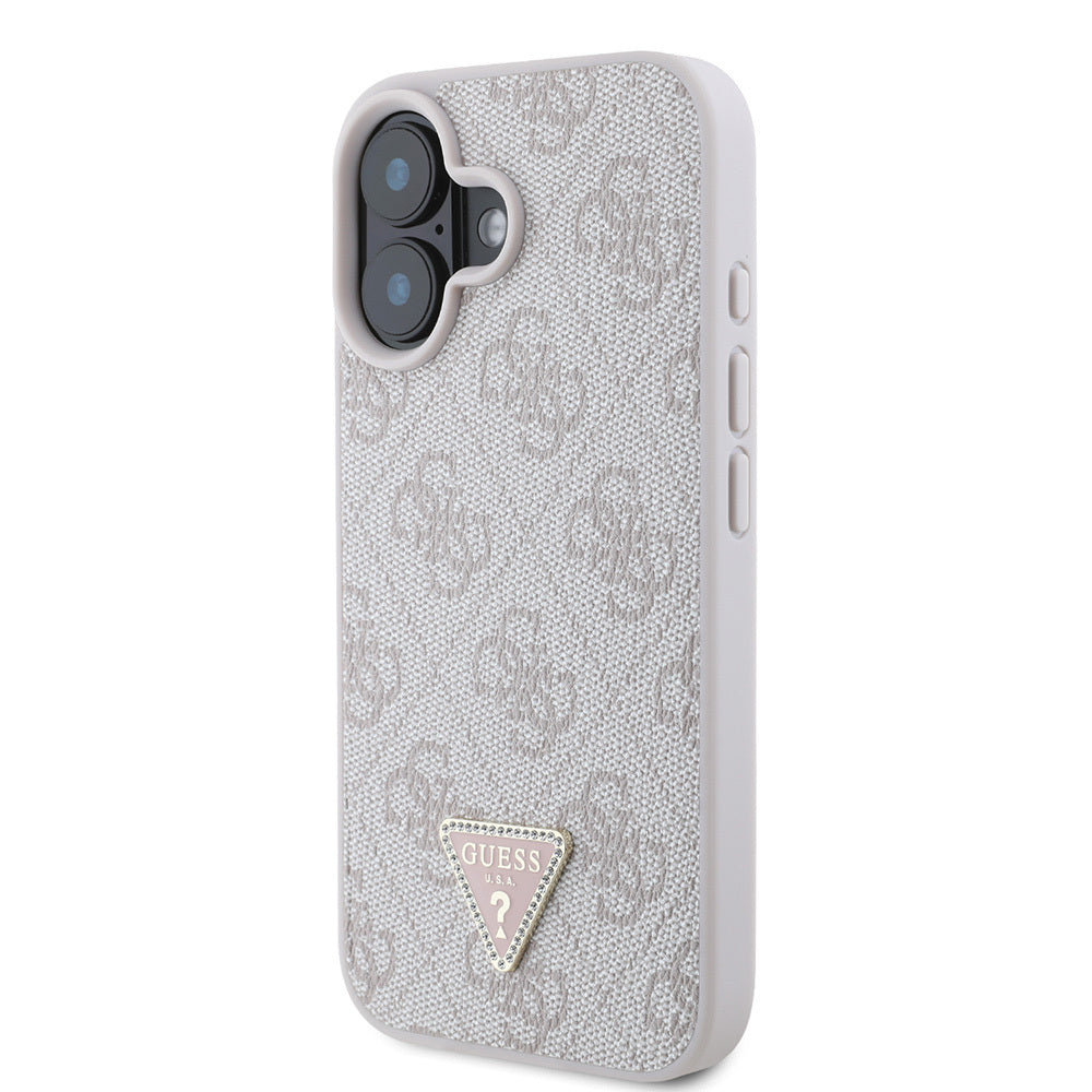 iPhone 16 Kılıf Guess Orjinal Lisanslı PU Deri Taşlı Üçgen Logo 4G Desenli Strass Kapak