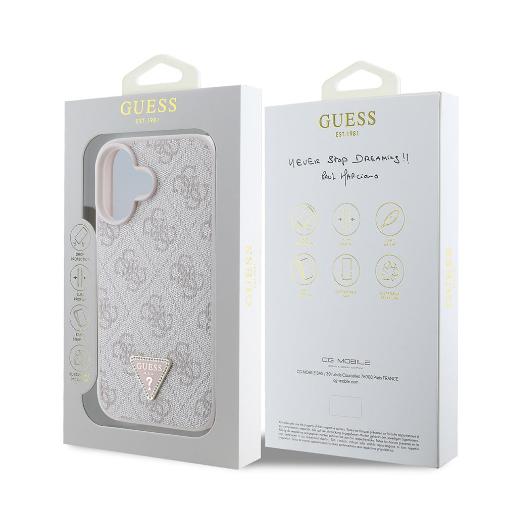 iPhone 16 Kılıf Guess Orjinal Lisanslı PU Deri Taşlı Üçgen Logo 4G Desenli Strass Kapak