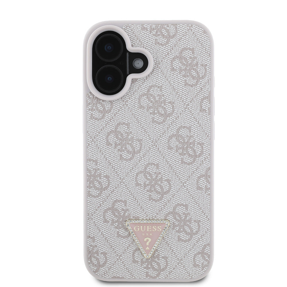 iPhone 16 Kılıf Guess Orjinal Lisanslı PU Deri Taşlı Üçgen Logo 4G Desenli Strass Kapak