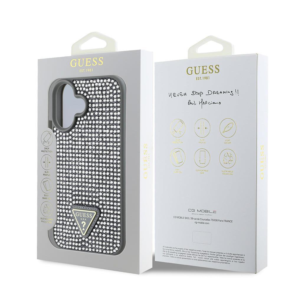 iPhone 16 Kılıf Guess Orjinal Lisanslı Taşlı Arka Yüzey Üçgen Logolu Kapak