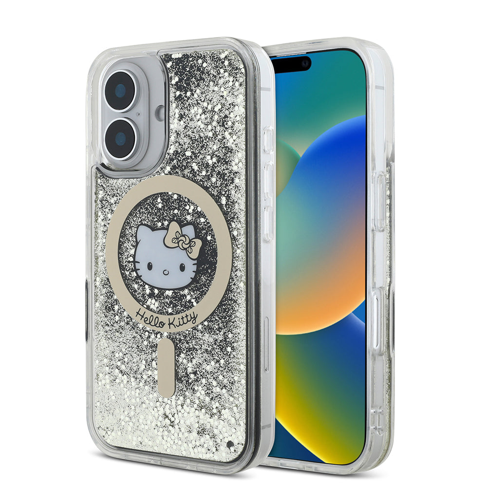 iPhone 16 Kılıf Hello Kitty Orjinal Lisanslı M-safe Şarj Özellikli IML Baskı Kitty Head Logolu Sıvılı Simli Altın Ateşi Kapak