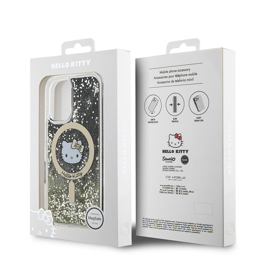 iPhone 16 Kılıf Hello Kitty Orjinal Lisanslı M-safe Şarj Özellikli IML Baskı Kitty Head Logolu Sıvılı Simli Altın Ateşi Kapak