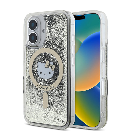 iPhone 16 Kılıf Hello Kitty Orjinal Lisanslı M-safe Şarj Özellikli IML Baskı Kitty Head Logolu Sıvılı Simli Altın Ateşi Kapak