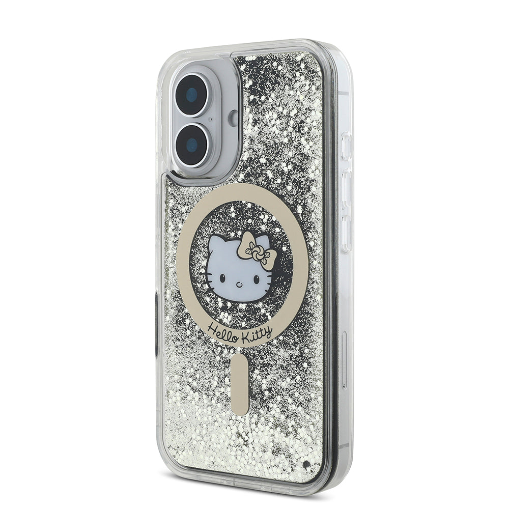 iPhone 16 Kılıf Hello Kitty Orjinal Lisanslı M-safe Şarj Özellikli IML Baskı Kitty Head Logolu Sıvılı Simli Altın Ateşi Kapak