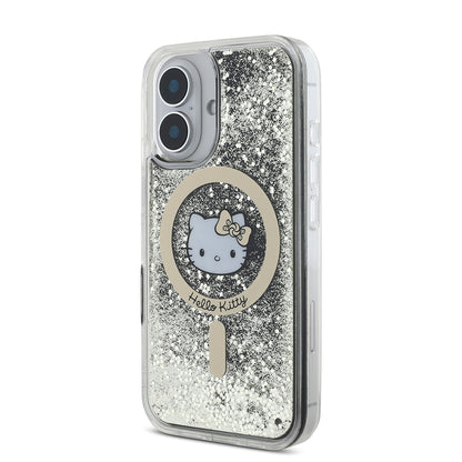 iPhone 16 Kılıf Hello Kitty Orjinal Lisanslı M-safe Şarj Özellikli IML Baskı Kitty Head Logolu Sıvılı Simli Altın Ateşi Kapak