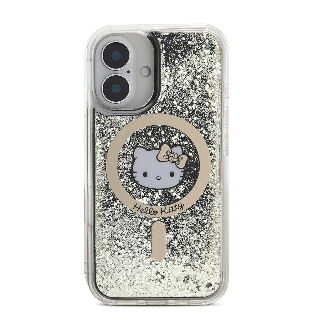 iPhone 16 Kılıf Hello Kitty Orjinal Lisanslı M-safe Şarj Özellikli IML Baskı Kitty Head Logolu Sıvılı Simli Altın Ateşi Kapak