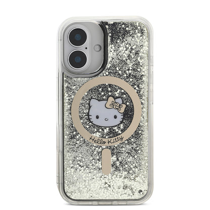 iPhone 16 Kılıf Hello Kitty Orjinal Lisanslı M-safe Şarj Özellikli IML Baskı Kitty Head Logolu Sıvılı Simli Altın Ateşi Kapak