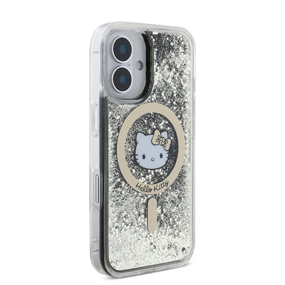 iPhone 16 Kılıf Hello Kitty Orjinal Lisanslı M-safe Şarj Özellikli IML Baskı Kitty Head Logolu Sıvılı Simli Altın Ateşi Kapak